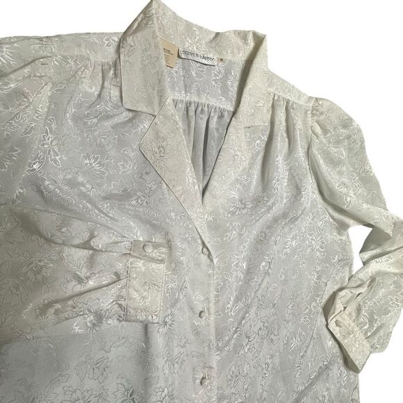 Vintage Steven Barry White on white floral patterned long sleeve blouse size 12 - Picture 8 of 13